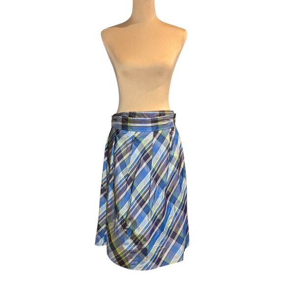 Theory Plaid Knee Length Wrap Skirt Sz 8 100% Silk Taffeta Blue Preppy Career - Picture 16 of 16